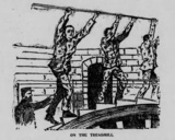 "On the Treadmill." Illustration from the Los Angeles Herald of Oscar Wilde walking the treadmill with other prisoners.